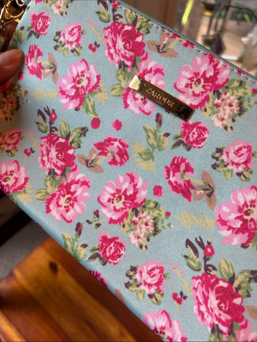 Satori Floral Print Women's wristlet- Pink on Light Blue